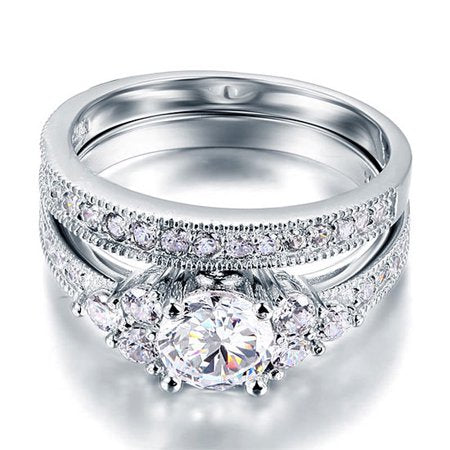 1.50 Carat Round Cut Moissanite Wedding Set - Bridal Set - Cluster Ring - Classic Ring - 18k White Gold Over Silver, 8