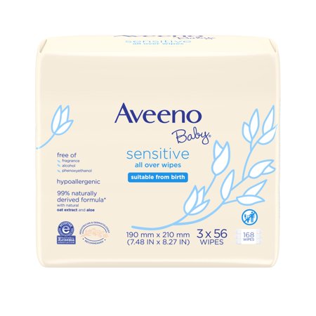 Aveeno Baby Sensitive All Over Aloe Baby Wipes, 3 Resaleable Packs (168 Total Wipes)