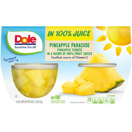 Dole Fruit Bowls Pineapple Tidbits in 100% Fruit Juice, 4 oz, 4 Cups of Fruit
