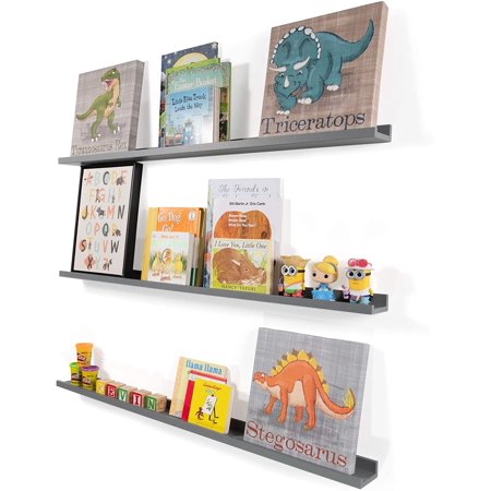 Wallniture Denver 46" Floating Shelves for Nursery Picture Ledge Wall Shelf Kids Bookcase Toy Organizer, Gray, Set of 3