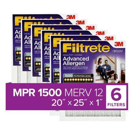 Filtrete by 3M 20x25x1, MERV 12, Advanced Allergen Reduction HVAC Furnace Air Filter, 1500 MPR, 6 Filters