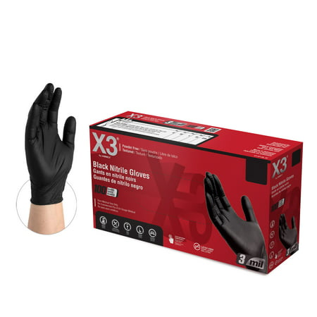X3 Black Nitrile Disposable Industrial Gloves 3 Mil Medium Box of 100, Black, M