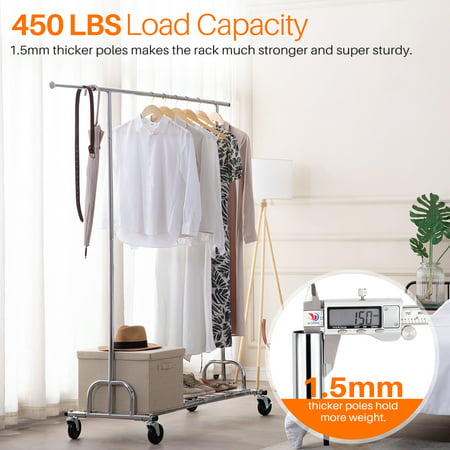 450 lbs Commercial Clothing Garment Rack with Shelves Clothing Racks on Wheels Rolling Clothes Rack Heavy Duty Portable Collapsible Adjustable, Chrome Finish