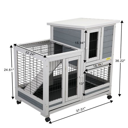 Coziwow Rabbit Hutch Outdoor Wooden Pet Small Animal Cage with Wheels, Openable roof, Gray, Gray