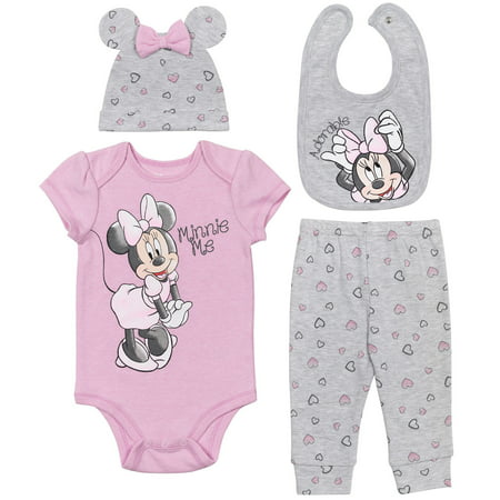 Disney Minnie Mouse Infant Baby Girls Layette Set: Bodysuit Pant Hat Bib Grey/Pink 12 Months, Grey/pink, 12 Months