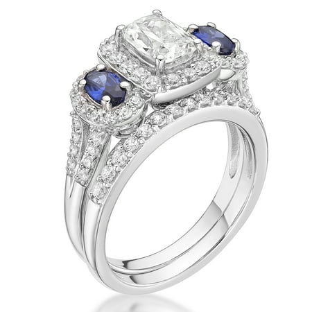 Brilliance Fine Jewelry 925 Sterling Silver Simulated White Diamond with Created Sapphire accent Bridal Engagement Ring Set