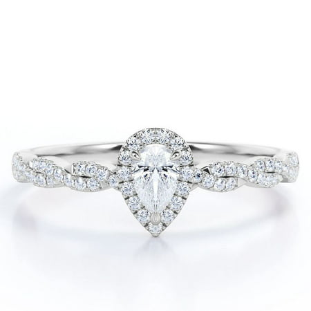 0.5 TCW Pear Cut Diamond - 3 Prong Halo Setting - Semi Infinity Pave Engagement Ring - 10K White GoldWhite,