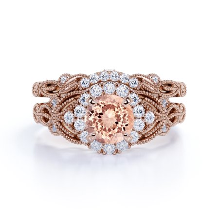 1.50 Carat Round Cut created morganite and Diamond Halo Bridal Ring Set in Solid 10K Rose Gold