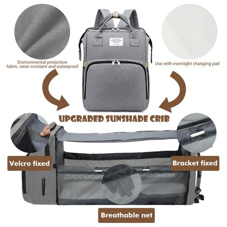 Ficcug Diaper Bag Backpacks,Waterproof Large Baby Nappy Bag with Baby Bed for Boys Girls,Unisex Baby Travel Portable Baby Changing Bag for Mom Dad ,Gray