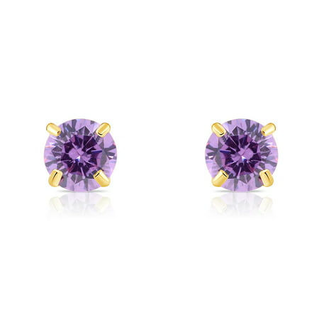 Tilo Jewelry Solid 10K Yellow Gold 5mm Purple Amethyst CZ Birthstone Stud Earring with Secure Pushback for Women, Girls, Men, Unisex - February