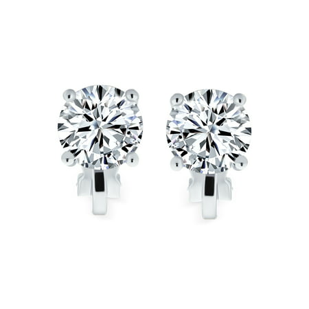 Round Solitaire CZ Clip On Bridal Stud Earrings 8mm Rhodium PlatedSilver,