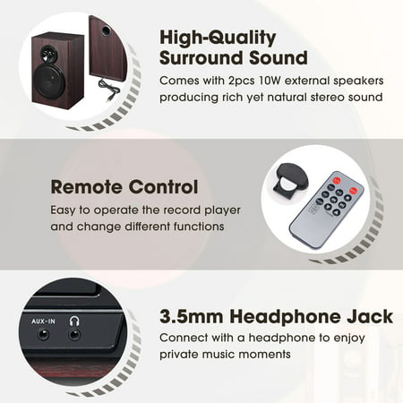 Yescom Bluetooth Record Player with 2 Speakers 3-Speed Stereo Turntable Remote Control Audio Music Player