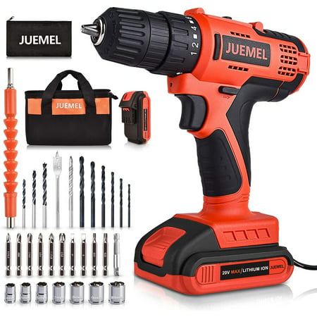 JUEMEL 20V MAX Cordless Drill with 2 Batteries & Charger, Power Drill Set for Home with 3/8 inches Keyless Chuck, Infinitely Variable Speed Control, and 30pcs Electric Drill/Driver Bits Accessories