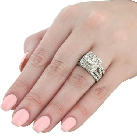 3 ct Diamond Engagement Wedding Cushion Halo Ring Set 10k White Gold, White Gold, 8