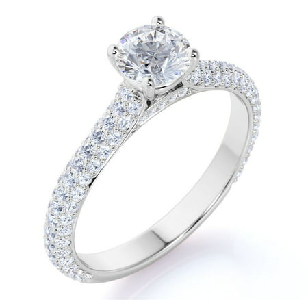 Real Round Brilliant Diamond - Micro Pave Set - Vintage Style Engagement Ring - 10K White Gold, 7