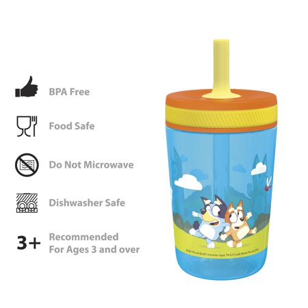 Zak Designs 15 oz Travel Straw Tumbler Plastic and Silicone with Leak-Proof Valve for Kids, 2-Pack BlueyBandit Healer and Chilli Heeler,