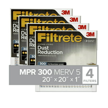 Filtrete by 3M, 20x20x1, MERV 5, Dust Reduction HVAC Furnace Air Filter, Captures Dust and Lint, 300 MPR, 4 Filters