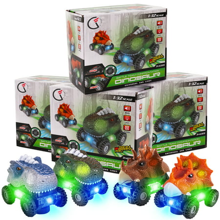 4 Pack Dinosaur Cars With Led Light & Sound Easter Gift Dino Car Toys Car Gifts Animal Vehicles Monster Truck Playset For Boys Girls Toddles Kids Birthday Gifts Classroom Prize Gift Exchange