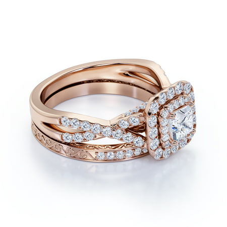 1.25 ct - Square Moissanite - Double Halo - Twisted Band - Vintage Inspired - Pave - Wedding Ring Set in 10K Rose Gold, 7