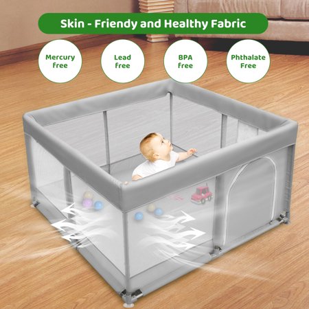 Baby Playpen, Extra Large Playard, Large Safety Play Center Yards, Kids Play Pen Activity with Super Soft Mesh, Sturdy Fence Play Area for Toddlers, 47x47x27 inch, Gray, 47" x 47"