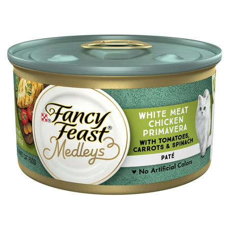 (24 Pack) Fancy Feast Medleys White Meat Chicken Primavera Cat Food Pate With Tomatoes, Carrots, and Spinach, 3 oz. Cans