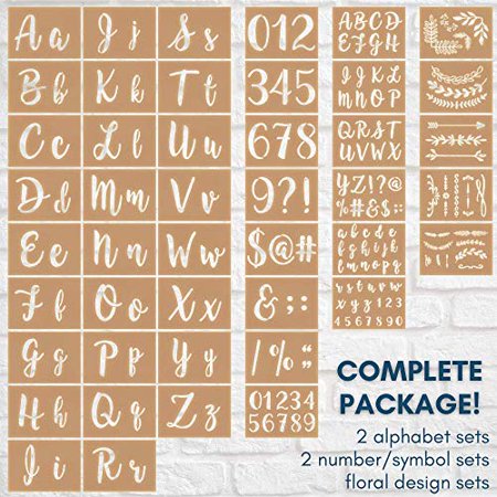 Boutique Calligraphy Stencil Template Kit - 45 Reusable Pieces - Includes Lettering Upper and Lowercase Both Large and Small, Numbers, Punctuation, Laurels and Flowers - for Arts Crafts Painting Wood