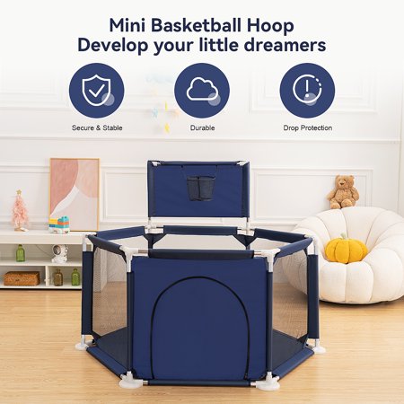 RongTrading 6 Panels Playpen for Baby, Kid Baby Playard with Basketball Hoop, Portable Baby Playhouse with Breathable Mesh Infant Children Play Game Fence for Indoors Outdoors Christmas GiftsNavy,