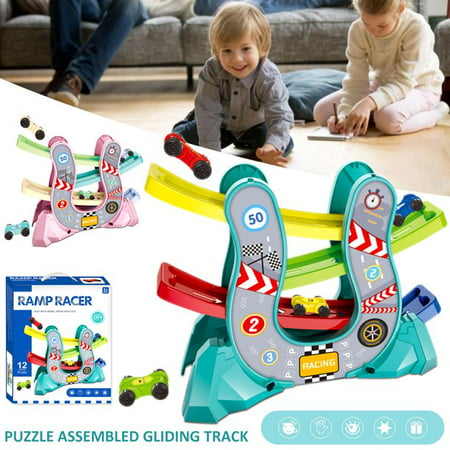 Car Ramp Toys for Toddlers 1 2 3 Year Old Boy, Race Track Car Toy for Toddler Age 2-4 Boy with 4 Car, Race Track Gift for KidsBlue,
