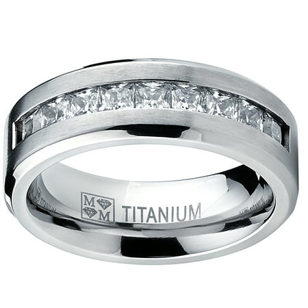 Titanium Men's Wedding Band Engagement Ring with 9 large Princess Cut Cubic ZirconiaSilver,
