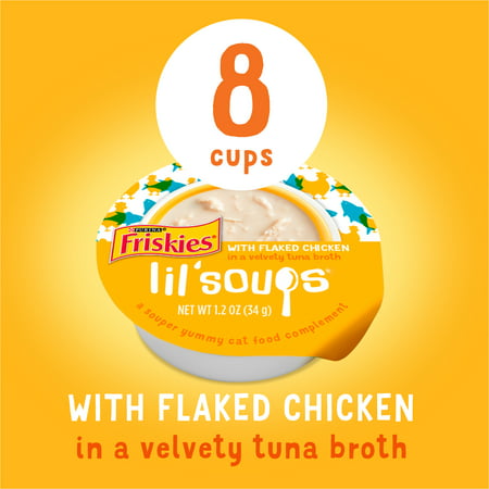 (8 Pack) Friskies Natural, Grain Free Wet Cat Food Complement, Lil' Soups Flaked Chicken, 1.2 oz. Tubs