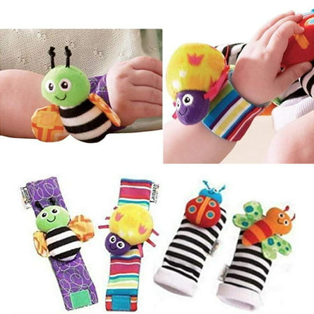 Coolmade Infant & Baby Puzzle Lovely Socks And Wrist Strap Toy Cartoon Animal Shaped Wrist Rattles Foot Socks Toys 4 pcsAs show,