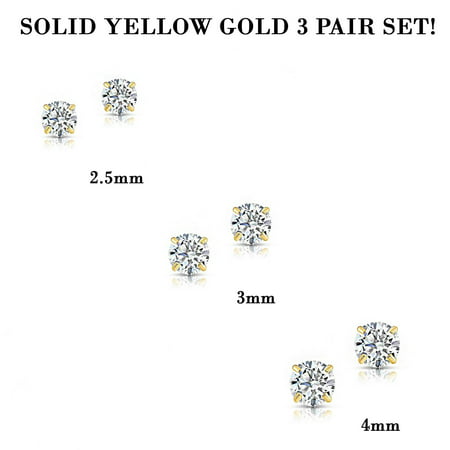 Set of 3! 10k Solid Yellow Gold Basket Set Round CZ Stud Earrings, Screw back Cz Studs, Sleeper Cz Studs - Women, Girls, Men, Unisex (2.5mm,3mm,4mm), 2.5,3 and 4 mm set