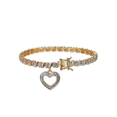 Forever Facets Women's 18K Yellow Gold Plated Diamond Accent Open Heart Charm Tennis Bracelet, 7.25"Gold,