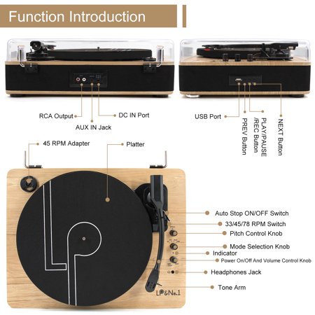 LP&NO.1 Bluetooth Vinyl Record Player 3-Speed Belt-Drive Turntable with Dual External Stereo Speakers (Yellow Wood), Light wood