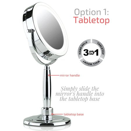 Ovente Makeup Mirror with Lights and Magnification, 8.5'' 3 Color Tone 1X 5X Double Side Spinning Circle LED, Easy Switch to Wall Mount, Tabletop & Handheld Battery Powered Polished Chrome MFM85CH1X5XPolished Chrome,