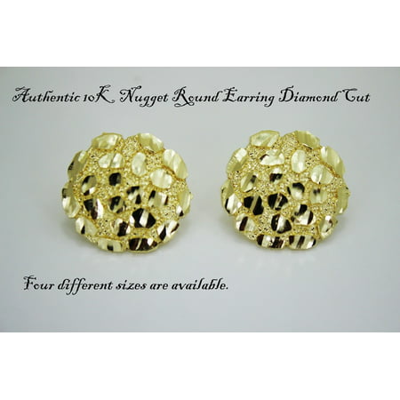 Authentic 10K Gold Nugget Round Diamond Cut Stud Earrings for Men Women, S