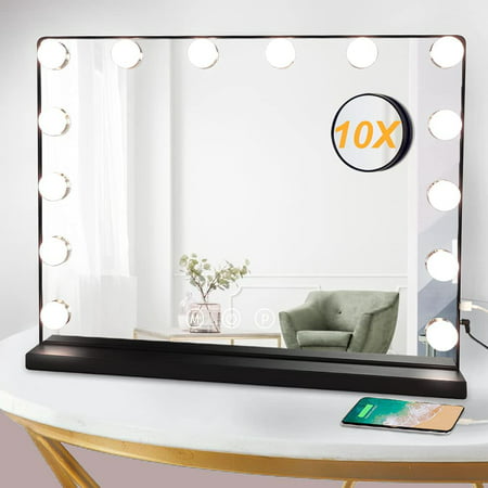 Depuley 20" Hollywood Vanity Mirror with Light, Makeup Lighted Mirror with USB Outlet for Charging Smart Touch Switch, 15 Dimmable LED Bulbs for Dressing Room Bedroom Tabletop, BlackBlack,