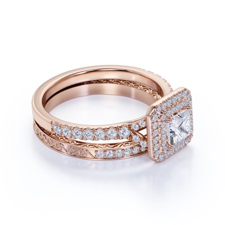1.25 ct - Square Cut Moissanite - Pave Set - Split Band - Double Halo Engagement Ring - Bridal Set - 18K Rose Gold over Silver