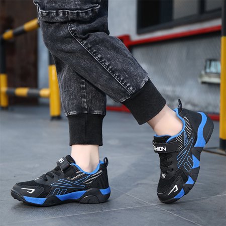 Engtoy boys shoes quality mesh breathable children's sports blue shoes US size 3.5, Black/Bule, 3.5