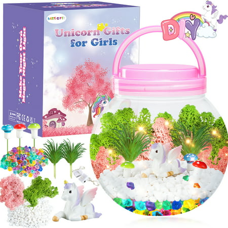 DIY Light-Up Terrarium Kit for Kids with Unicorn Toys, Building Your Wonder Garden, Unicorn Craft Nightlight Gift for Girls Age 4-12, Unicorn Decor