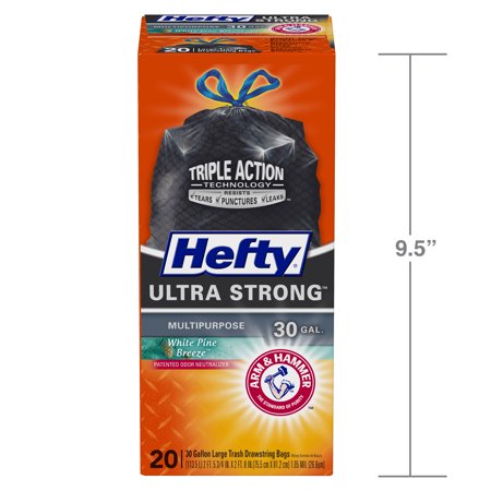 Hefty Ultra Strong Multipurpose Large Trash Bags, Black, 30 Gallon, 20 Count, White Pine Breeze Scent, 1 Pack