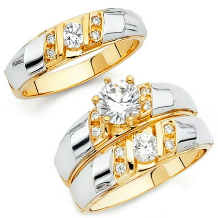 14k Two Tone Gold Round 2 ct CZ Matching Wedding Ring Trio Set His & Hers