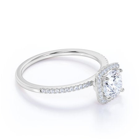 1 Carat Round Cut Moissanite Halo Engagement Ring in 18k White Gold Over SilverWhite,