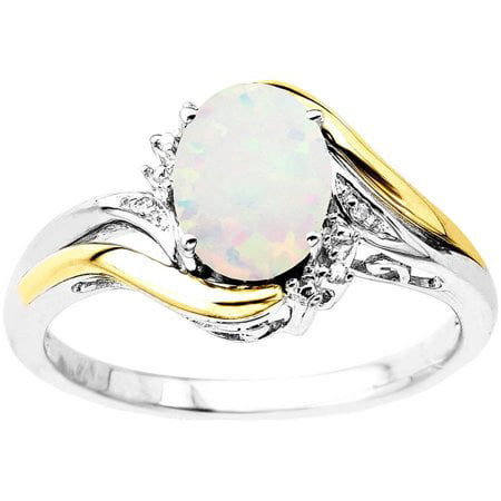 Brilliance Fine Jewelry Created Opal Birthstone and Diamond Ring in Sterling Silver and 10K Yellow Gold