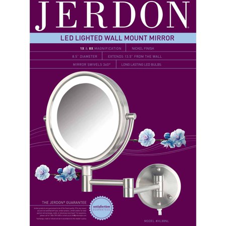 Jerdon HL88NL 8.5" LED Lighted Wall Mount Makeup Mirror with 8x Magnification, Nickel Finish
