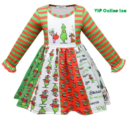 Girl Princess Dress Grinch Cartoon Long Sleeve Christmas Party Costume, long sleeve, 140CM/7-8Y