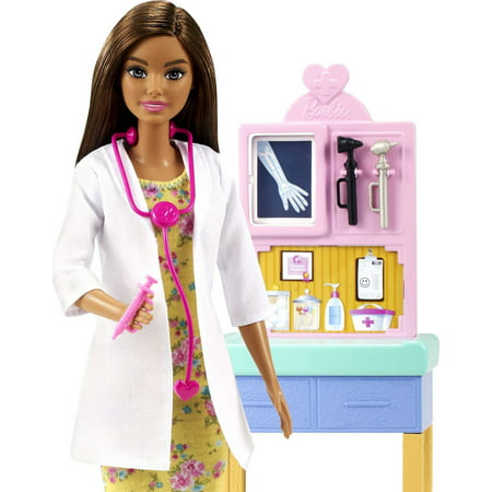 Barbie Career Pediatrician Playset, Brunette Doll, Exam Table, X-ray, Stethoscope, Patient Doll, Teddy Bear, Great Gift for Ages 3 Years and Up