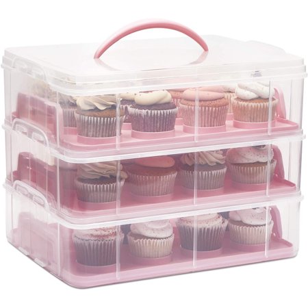 3 Tier Cupcake Carrier Storage, Cup Cake Container with Lid and Handle for Transport for 36 Cupcakes, Pink, 13.5 x 10.25 x 10.75 in.