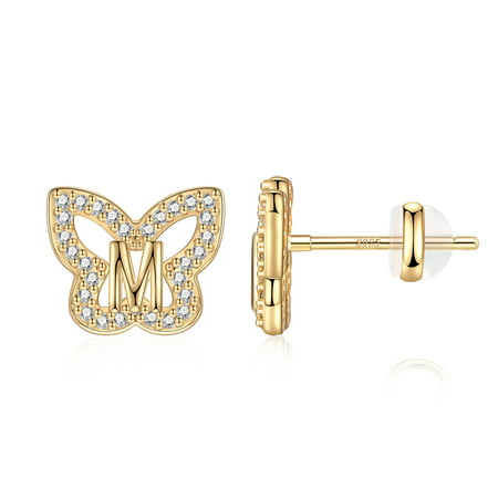 TINGN Butterfly Initial Earrings for Girls 14K Gold Plated S925 Sterling Silver Little Girls Earrings