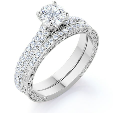 1.25 Carat Round Cut Moissanite Wedding Set - Bridal Set - Two Row Ring - Cluster Ring - 18k White Gold Over Silver, 7